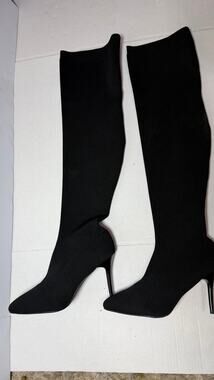 Womens EU 43 Black Knit Over Knee Sock Boots Pointed Toe Stiletto Stretch